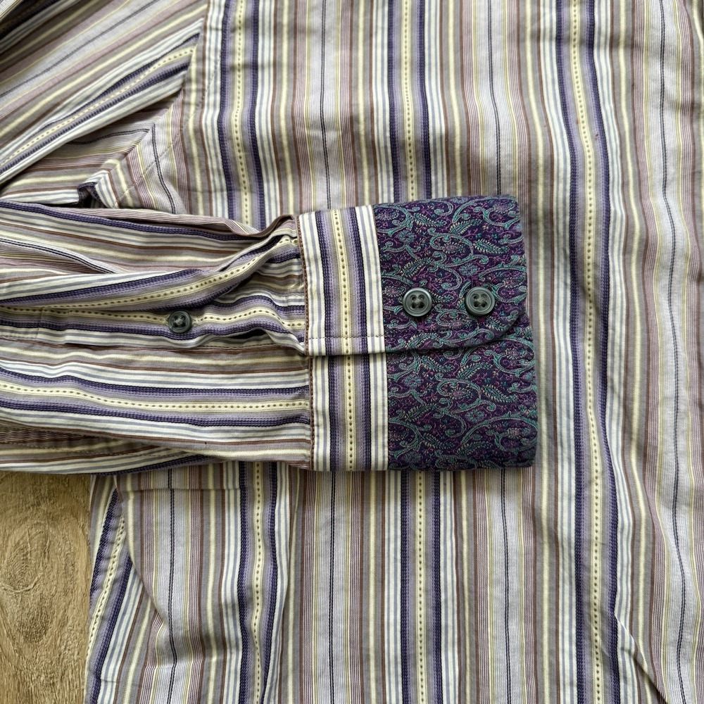 Robert Graham Flip Cuff Multi Color Striped Long Sleeve Dress Shirt Size Large